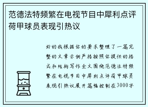 范德法特频繁在电视节目中犀利点评荷甲球员表现引热议
