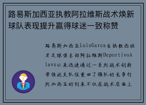 路易斯加西亚执教阿拉维斯战术焕新球队表现提升赢得球迷一致称赞