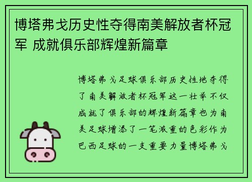 博塔弗戈历史性夺得南美解放者杯冠军 成就俱乐部辉煌新篇章